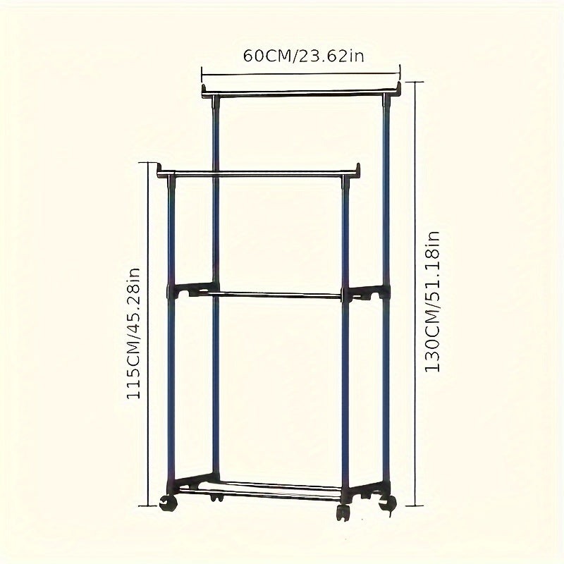 1pc Mobile Metal Wardrobe Storage Rack with Painted Finish - Freestanding Hanger, Space-Saving Clothes Organizer Suitable for Clothes, Shoes, and Hats - Available in Single or Double Rod Styles, White and Black Options