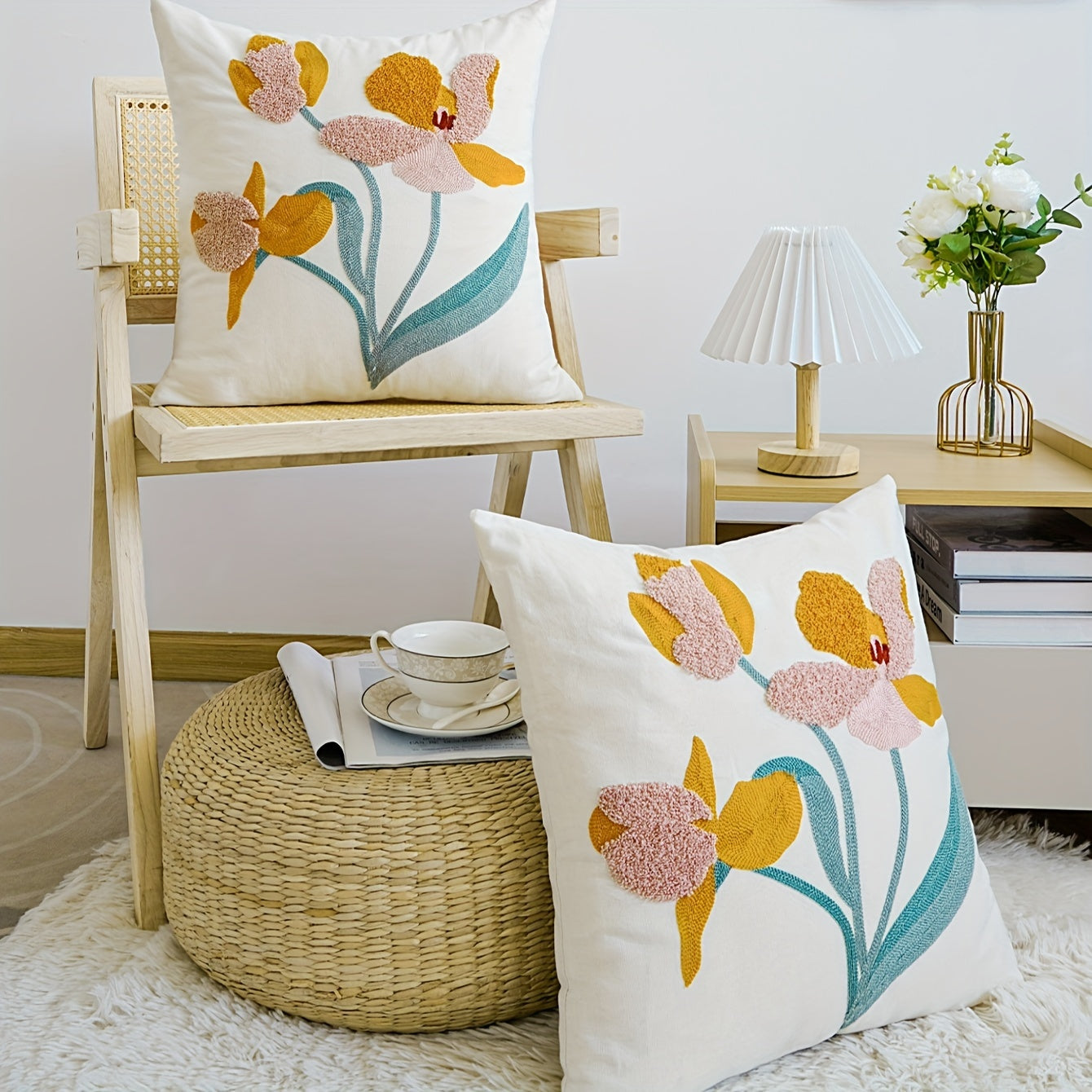 Contemporary Embroidered Throw Pillow Covers 17.7" x 17.7" - Floral Pattern, Zippered Cushion Cases, Machine Washable, Polyester, for Couch, Sofa, and Home Décor - 1 Piece