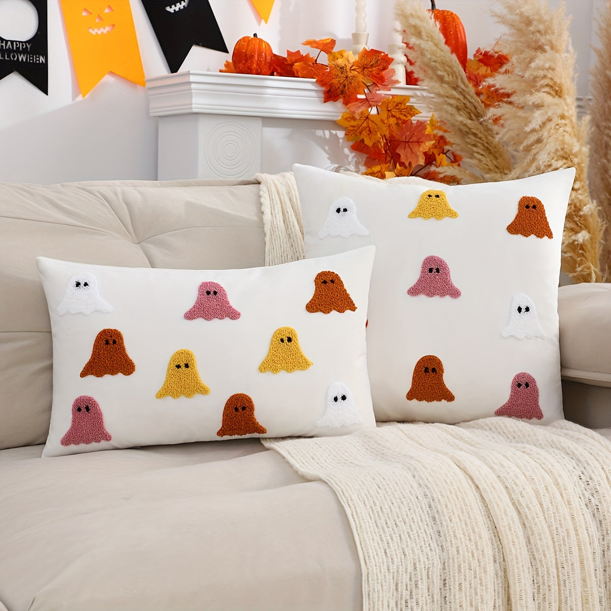 1pc Halloween Decorative Throw Pillow Cover Velvet Embroidery for Living Room and Bedroom
