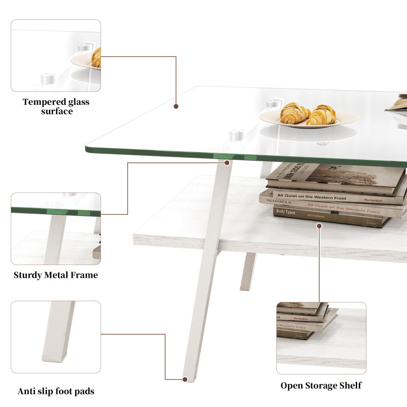Rec Coffee Table Tempered Glass Tabletop with White Metal Legs Modern Table for Living Room Transparent GlassSuitable for restaurant furniture