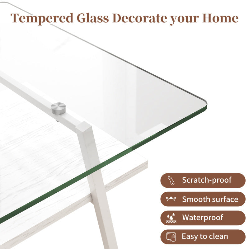 Rec Coffee Table Tempered Glass Tabletop with White Metal Legs Modern Table for Living Room Transparent GlassSuitable for restaurant furniture