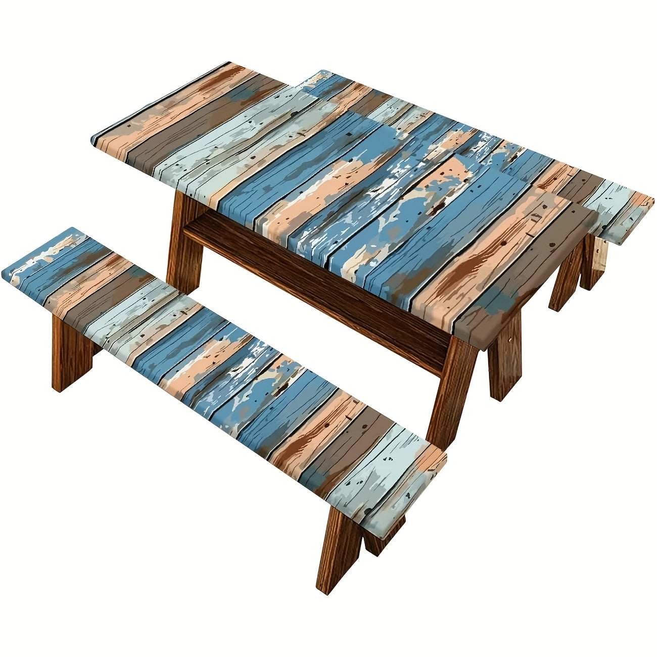 3pcs Blue Brown Picnic Table and Chair Set - Polyester Tablecloth, Suitable for Camping, Dining, Outdoors, Parks, and Courtyards