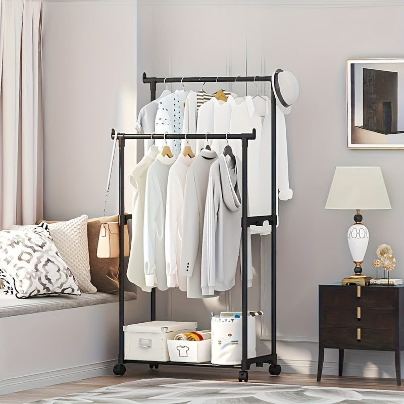 1pc Mobile Metal Wardrobe Storage Rack with Painted Finish - Freestanding Hanger, Space-Saving Clothes Organizer Suitable for Clothes, Shoes, and Hats - Available in Single or Double Rod Styles, White and Black Options
