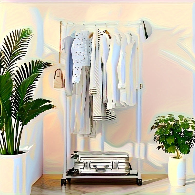 1pc Mobile Metal Wardrobe Storage Rack with Painted Finish - Freestanding Hanger, Space-Saving Clothes Organizer Suitable for Clothes, Shoes, and Hats - Available in Single or Double Rod Styles, White and Black Options