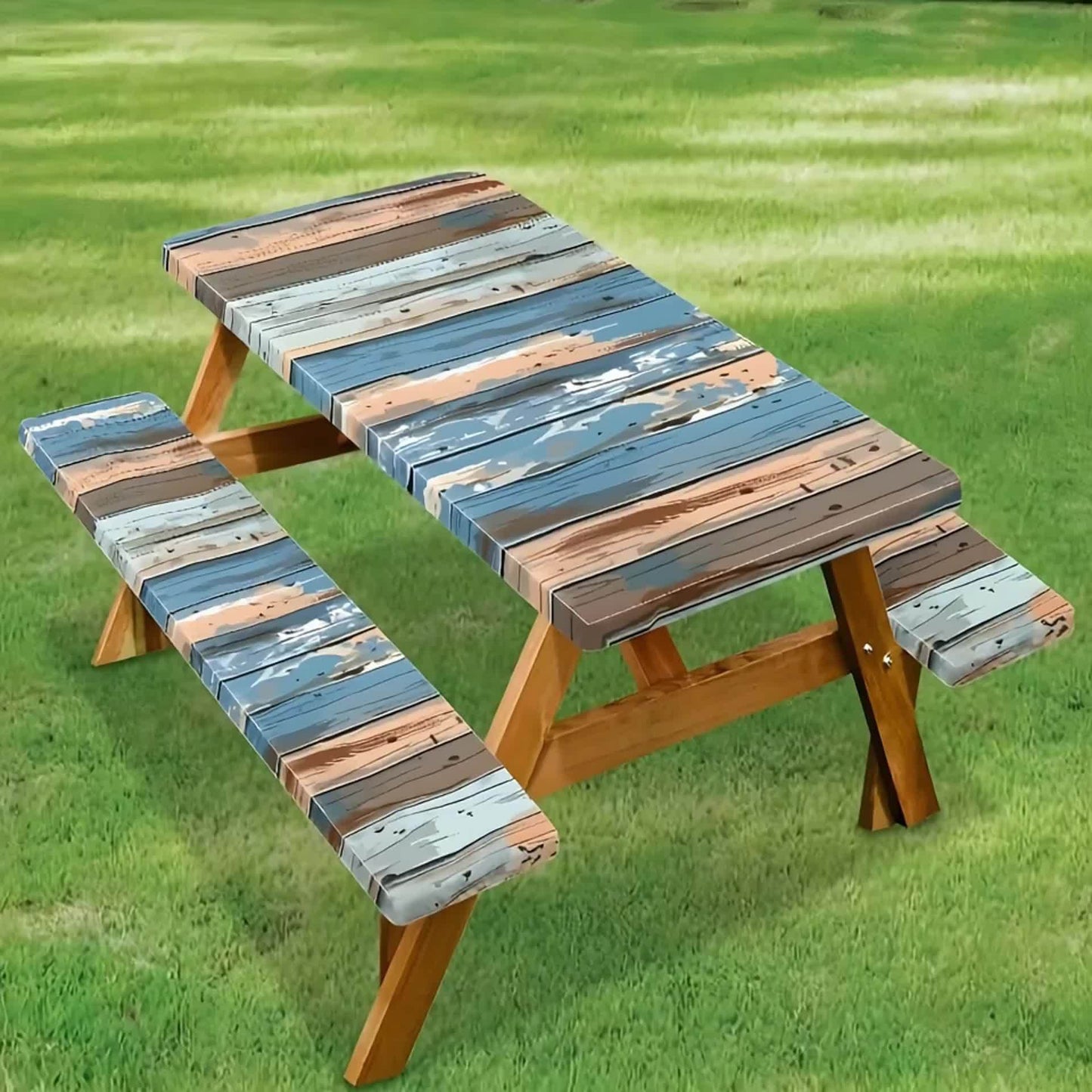 3pcs Blue Brown Picnic Table and Chair Set - Polyester Tablecloth, Suitable for Camping, Dining, Outdoors, Parks, and Courtyards