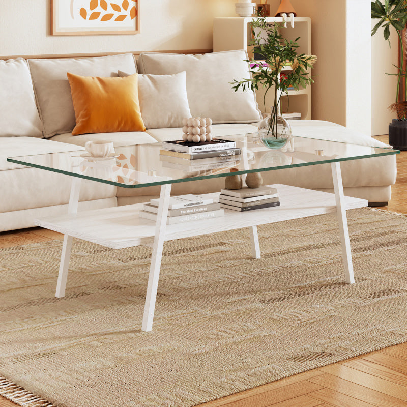 Rec Coffee Table Tempered Glass Tabletop with White Metal Legs Modern Table for Living Room Transparent GlassSuitable for restaurant furniture