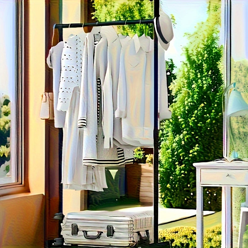 1pc Mobile Metal Wardrobe Storage Rack with Painted Finish - Freestanding Hanger, Space-Saving Clothes Organizer Suitable for Clothes, Shoes, and Hats - Available in Single or Double Rod Styles, White and Black Options