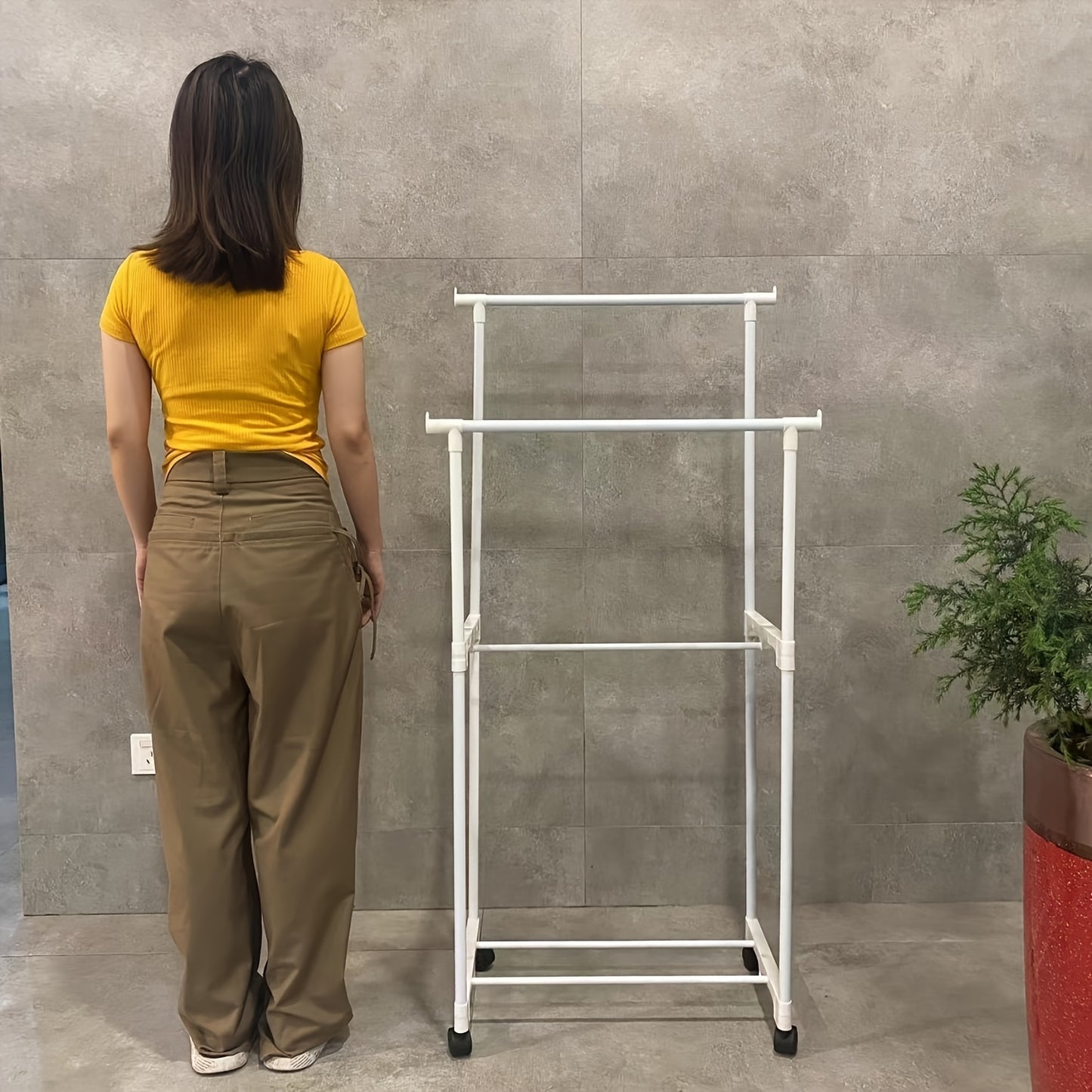 1pc Mobile Metal Wardrobe Storage Rack with Painted Finish - Freestanding Hanger, Space-Saving Clothes Organizer Suitable for Clothes, Shoes, and Hats - Available in Single or Double Rod Styles, White and Black Options