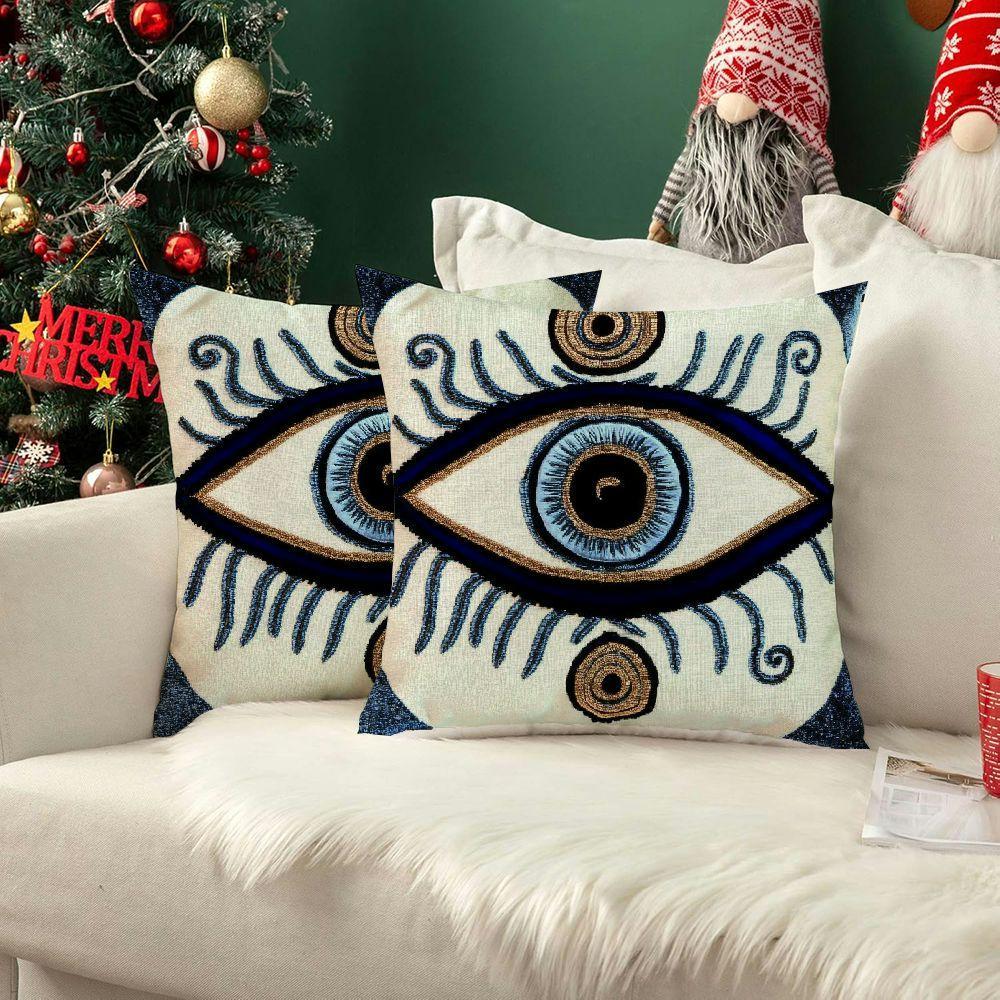 2pcs Evil Eye Pillow Covers 2pcs Blue and White Evil Eye Throw Pillow Covers, 18x18 Inches, Machine Washable Polyester, Zipper Closure, Contemporary Style, Decorative Cushion Covers for Home Decor