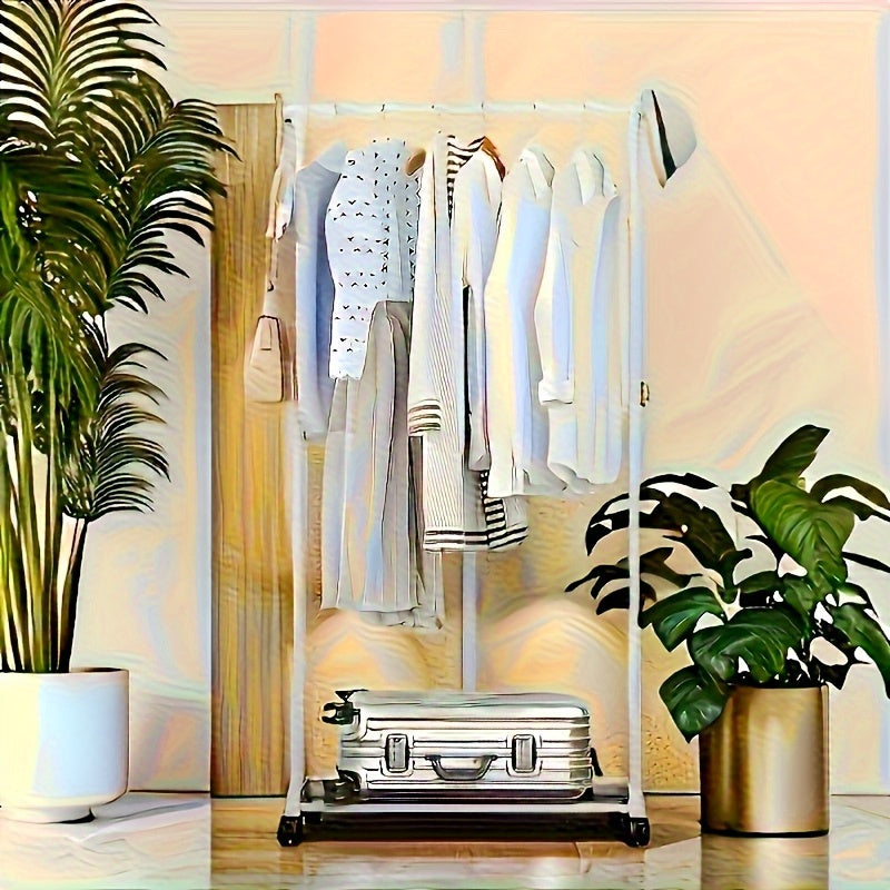 1pc Mobile Metal Wardrobe Storage Rack with Painted Finish - Freestanding Hanger, Space-Saving Clothes Organizer Suitable for Clothes, Shoes, and Hats - Available in Single or Double Rod Styles, White and Black Options