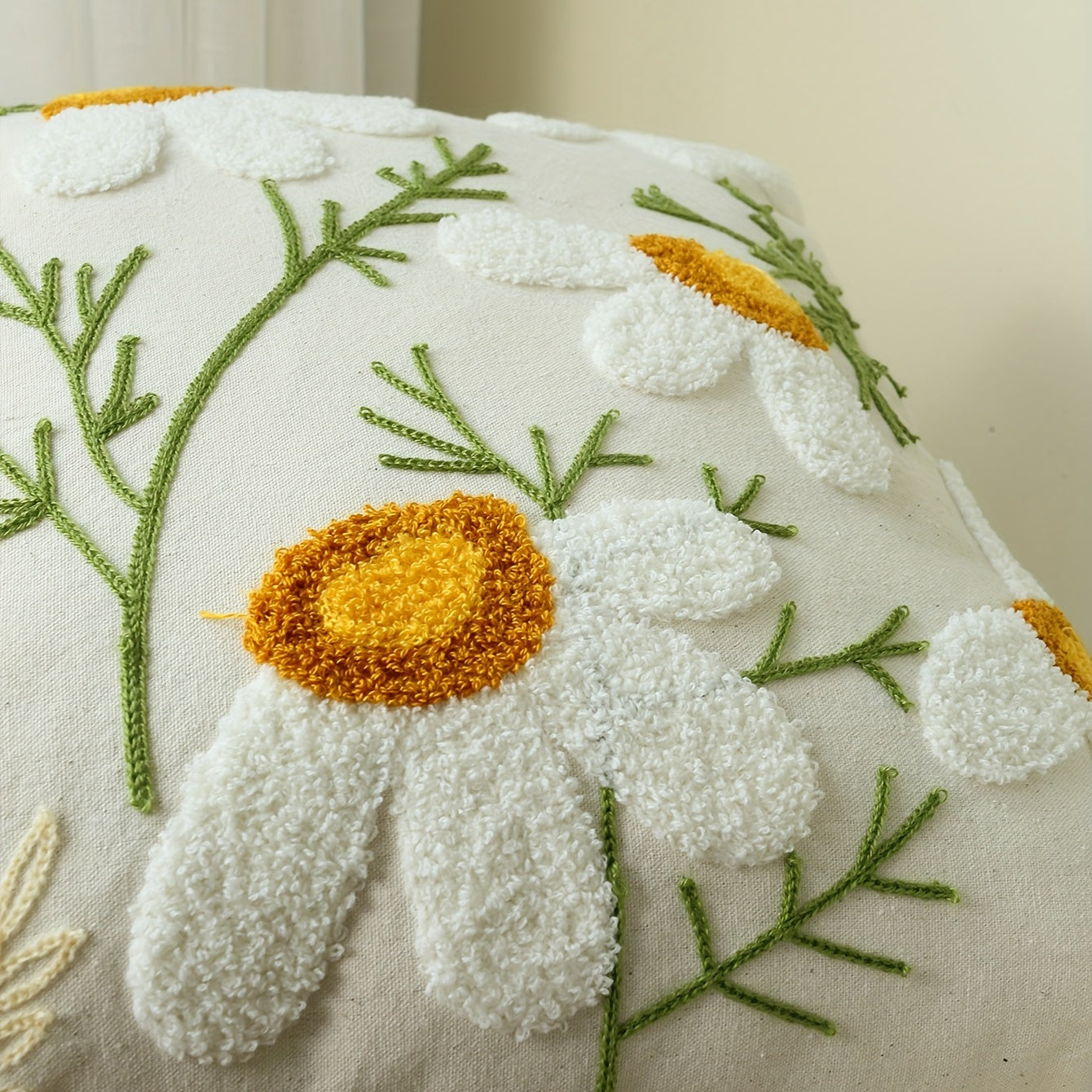 1pc Boho Floral Tufted Pillow Cover - Embroidered Cotton for Couch, Sofa, Bed - Botanical Design for Home Decor - Includes Pillow Insert