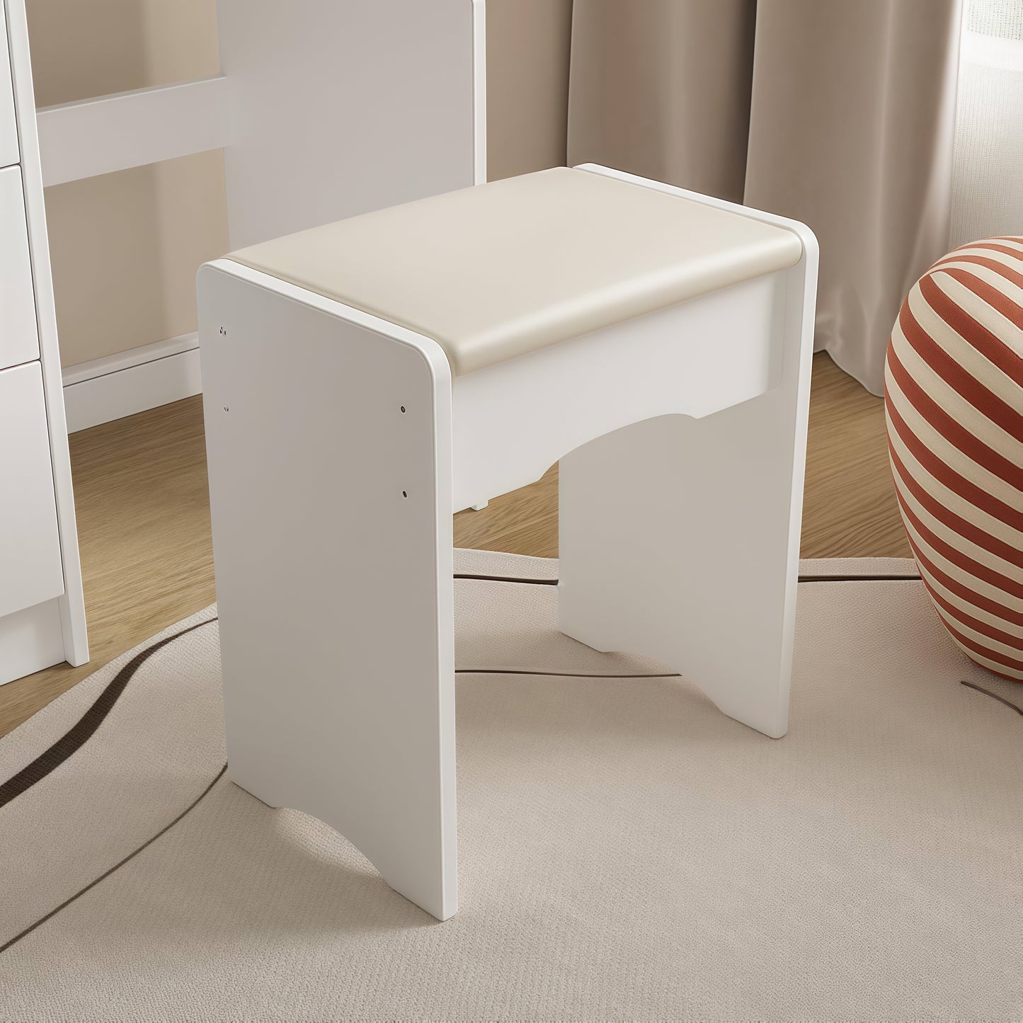 White Vanity Stool with PU Leather Cushion – Minimalist Folding Makeup Stool, Pure White Upholstery Seat for Bedroom, Dressing Table, or Entryway – Portable Ottoman Bench Chair