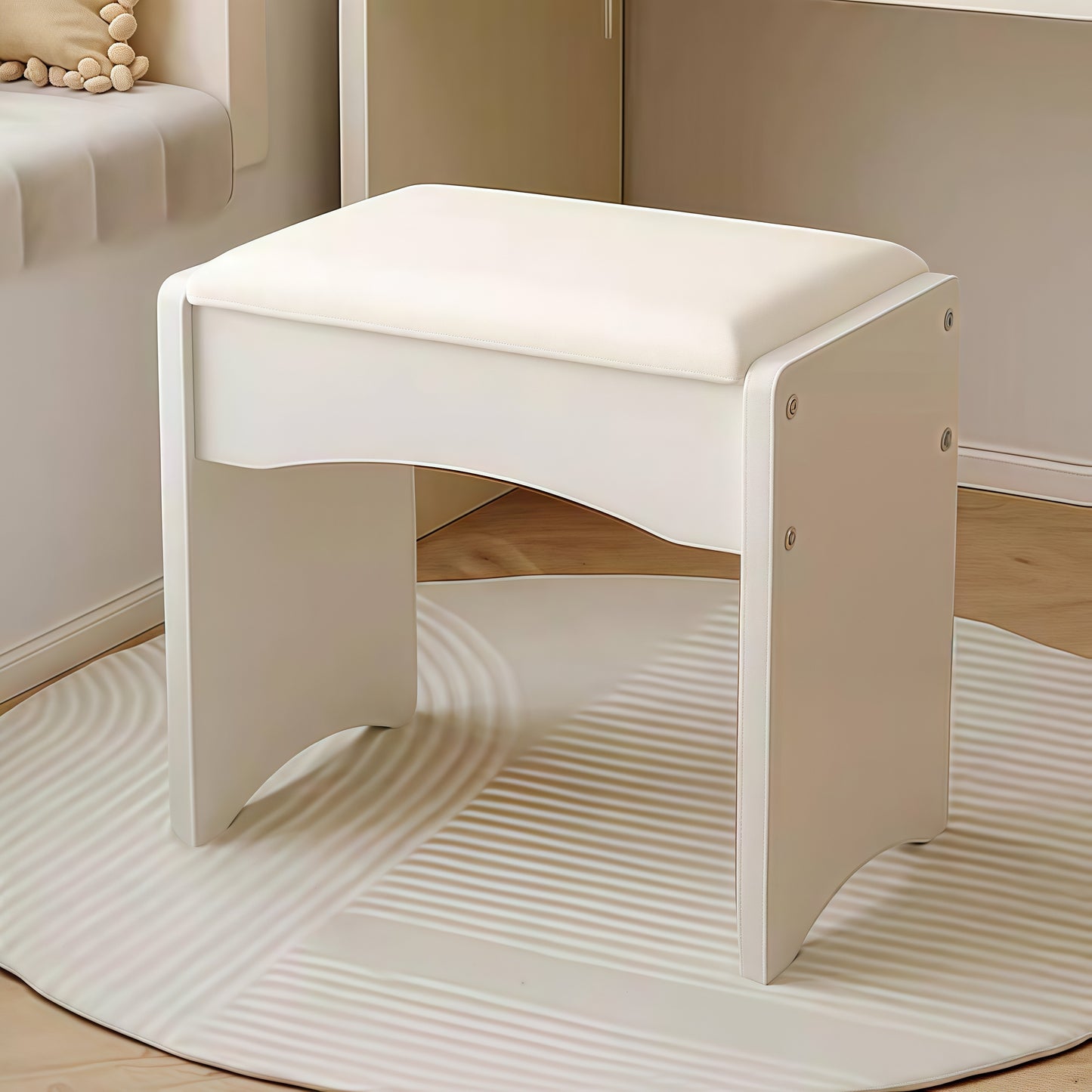 White Vanity Stool with PU Leather Cushion – Minimalist Folding Makeup Stool, Pure White Upholstery Seat for Bedroom, Dressing Table, or Entryway – Portable Ottoman Bench Chair