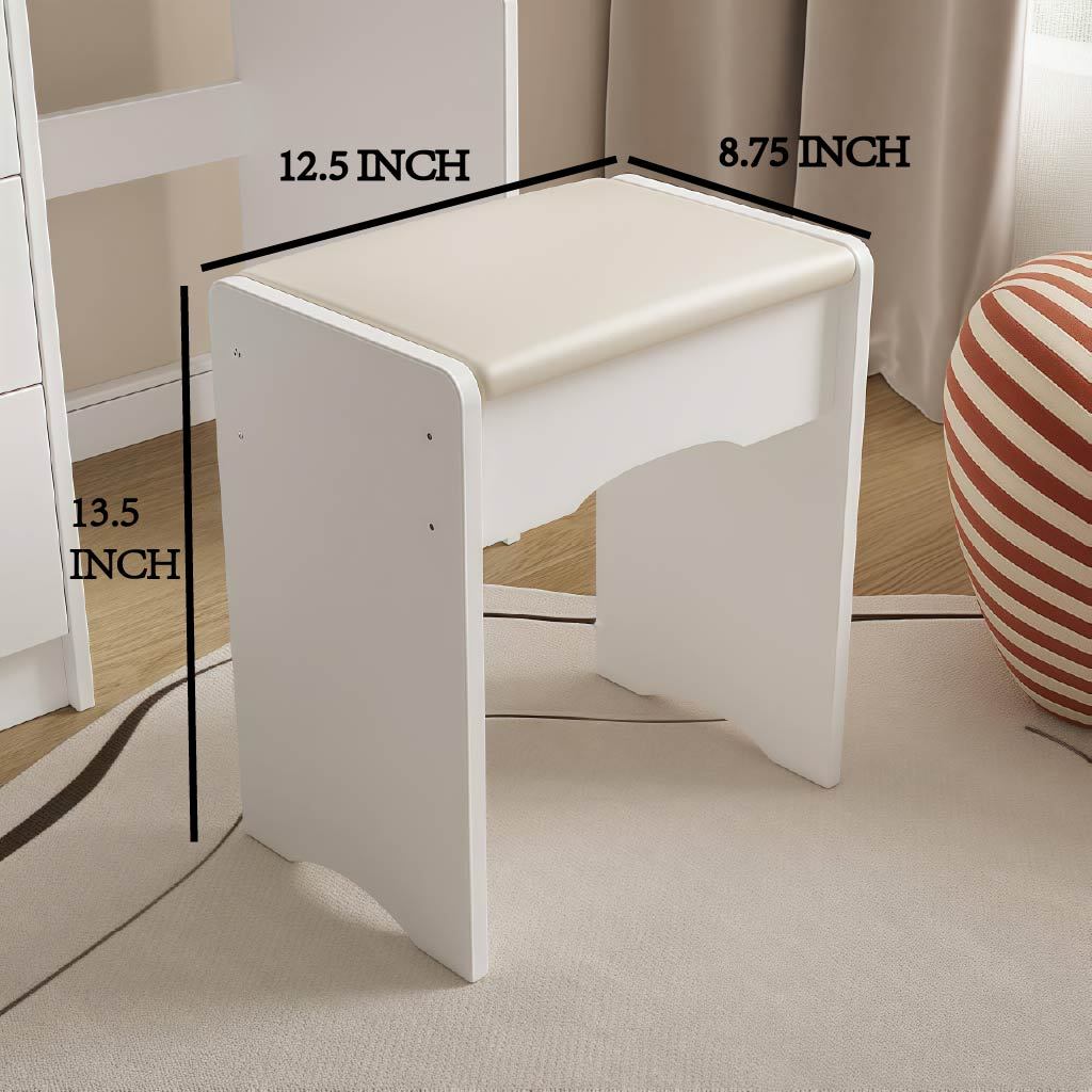 White Vanity Stool with PU Leather Cushion – Minimalist Folding Makeup Stool, Pure White Upholstery Seat for Bedroom, Dressing Table, or Entryway – Portable Ottoman Bench Chair