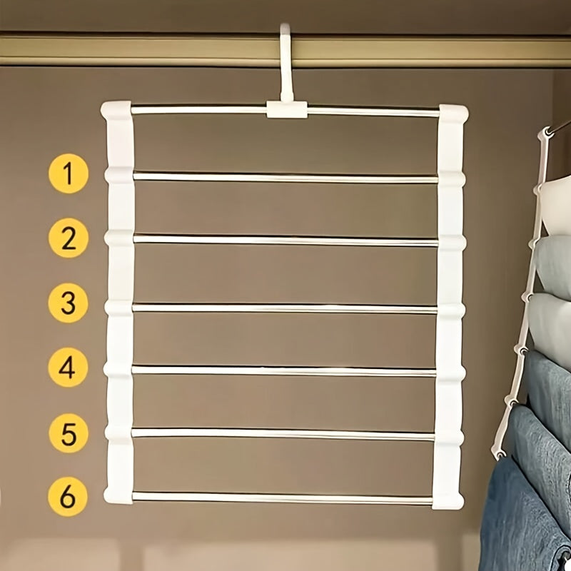 1pc Space-Saving 6-Tier Hanger for Pants, Metal and Plastic Wardrobe Organizer Suitable for Pants, Jeans Scarves, Multi-Layer Wardrobe Rack for Efficient Storage, Multi-Purpose Hanger | Strong Clothing Hanger, Clothing Hanger Accessory