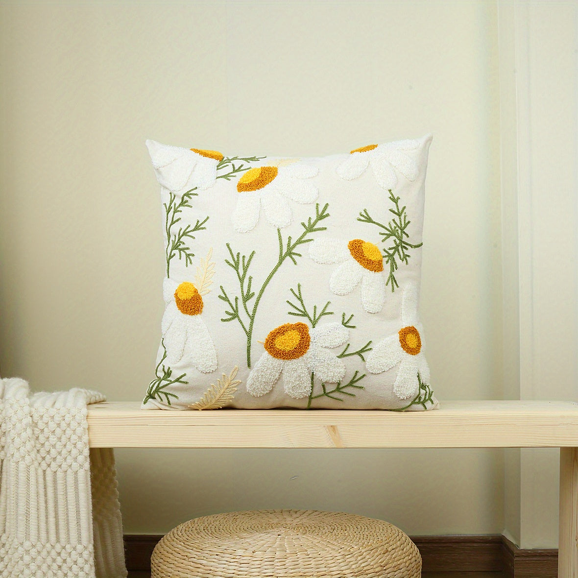 1pc Boho Floral Tufted Pillow Cover - Embroidered Cotton for Couch, Sofa, Bed - Botanical Design for Home Decor - Includes Pillow Insert