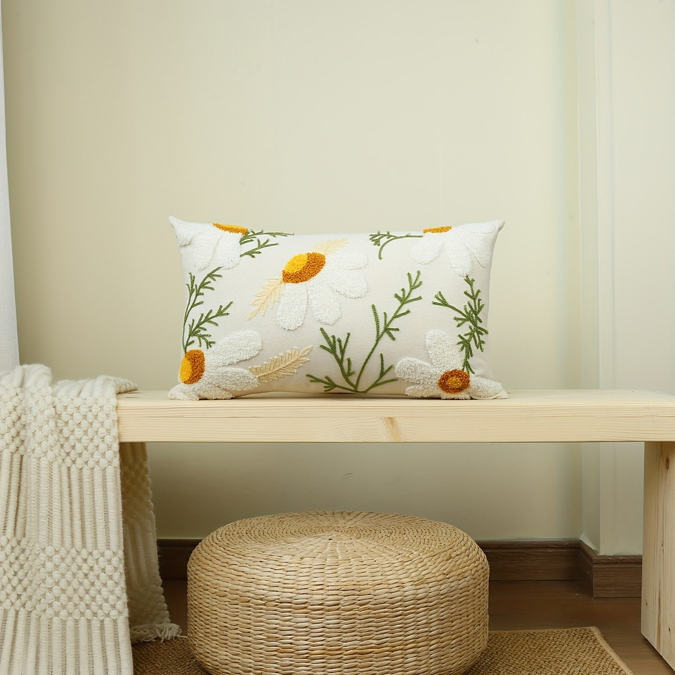 1pc Boho Floral Tufted Pillow Cover - Embroidered Cotton for Couch, Sofa, Bed - Botanical Design for Home Decor - Includes Pillow Insert