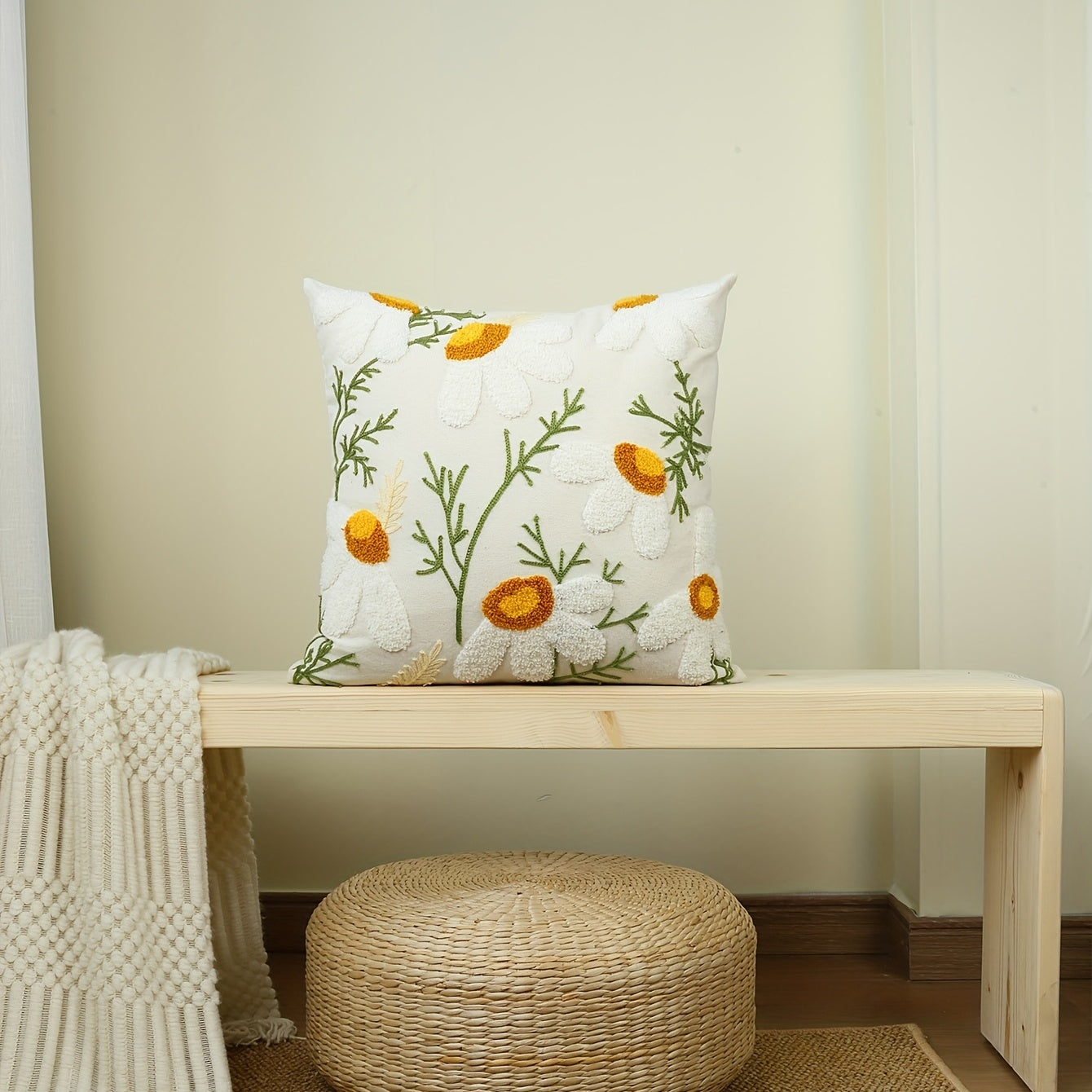 1pc Boho Floral Tufted Pillow Cover - Embroidered Cotton for Couch, Sofa, Bed - Botanical Design for Home Decor - Includes Pillow Insert
