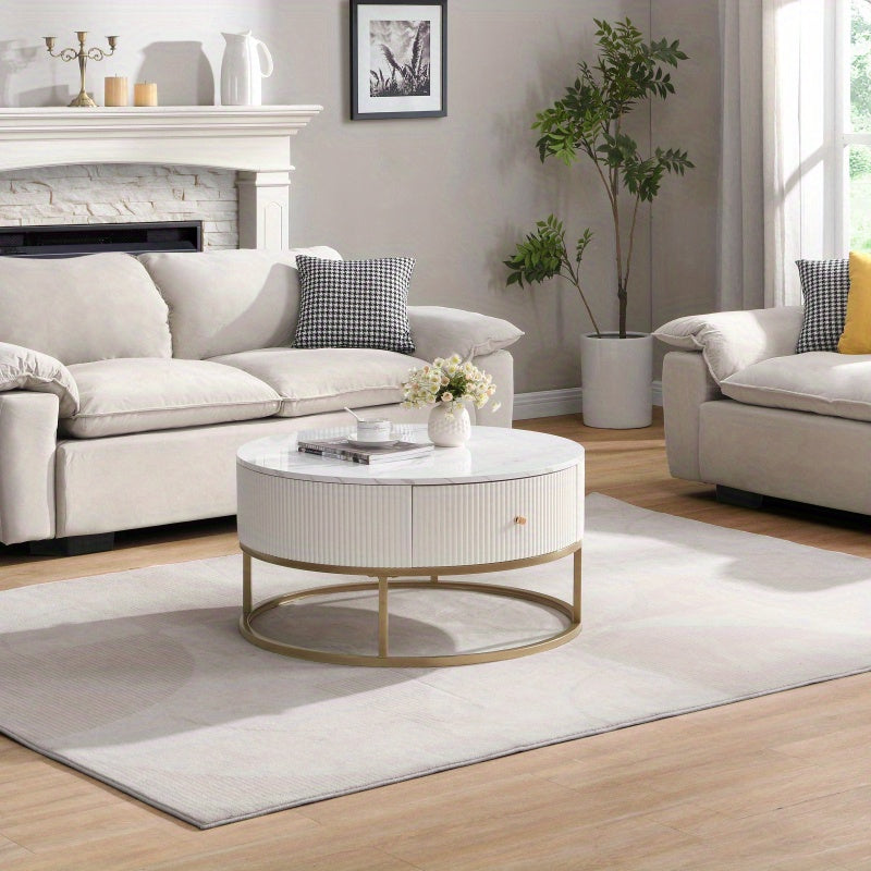 31.5 Inch Modern Round Coffee Table with Drawers Faux MarbleTable with Storage Coffee Table for Living Room