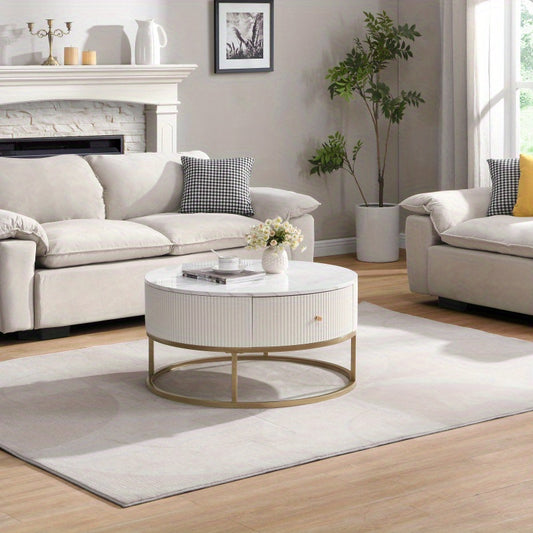 31.5 Inch Modern Round Coffee Table with Drawers Faux MarbleTable with Storage Coffee Table for Living Room