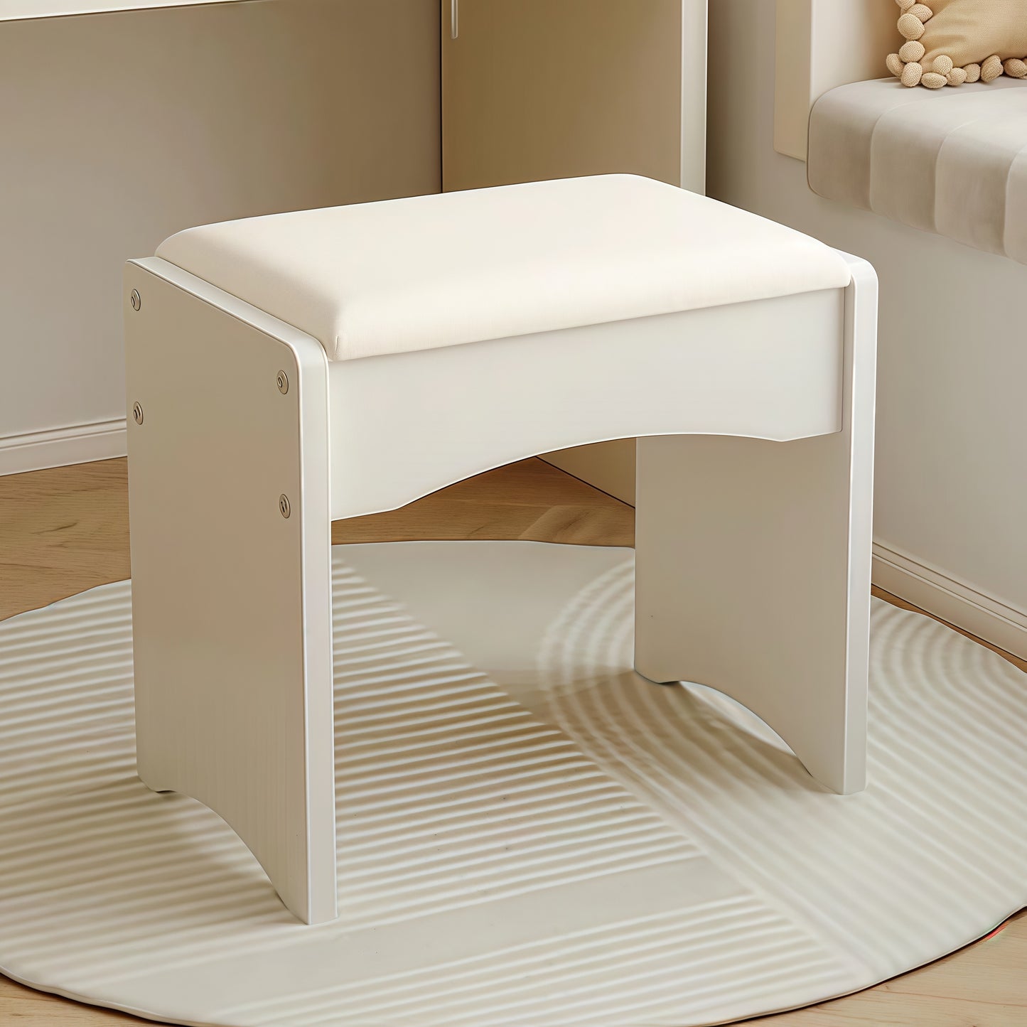 White Vanity Stool with PU Leather Cushion – Minimalist Folding Makeup Stool, Pure White Upholstery Seat for Bedroom, Dressing Table, or Entryway – Portable Ottoman Bench Chair