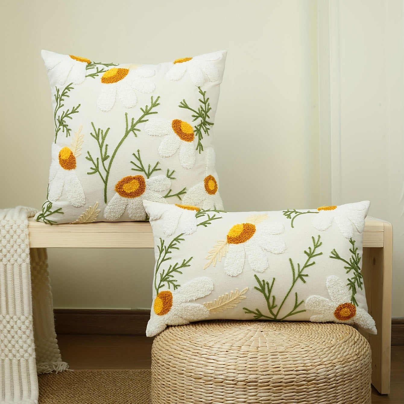 1pc Boho Floral Tufted Pillow Cover - Embroidered Cotton for Couch, Sofa, Bed - Botanical Design for Home Decor - Includes Pillow Insert