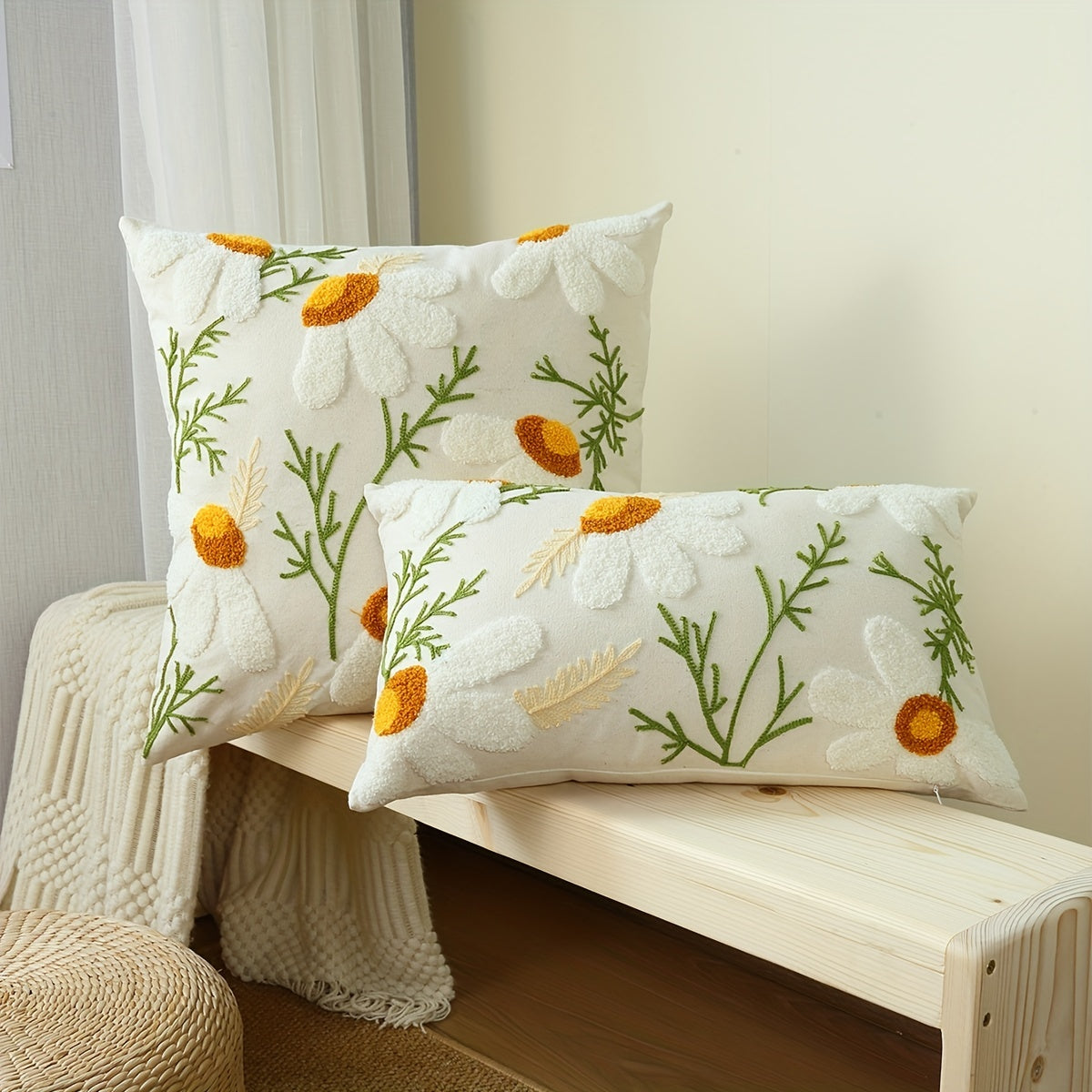 1pc Boho Floral Tufted Pillow Cover - Embroidered Cotton for Couch, Sofa, Bed - Botanical Design for Home Decor - Includes Pillow Insert