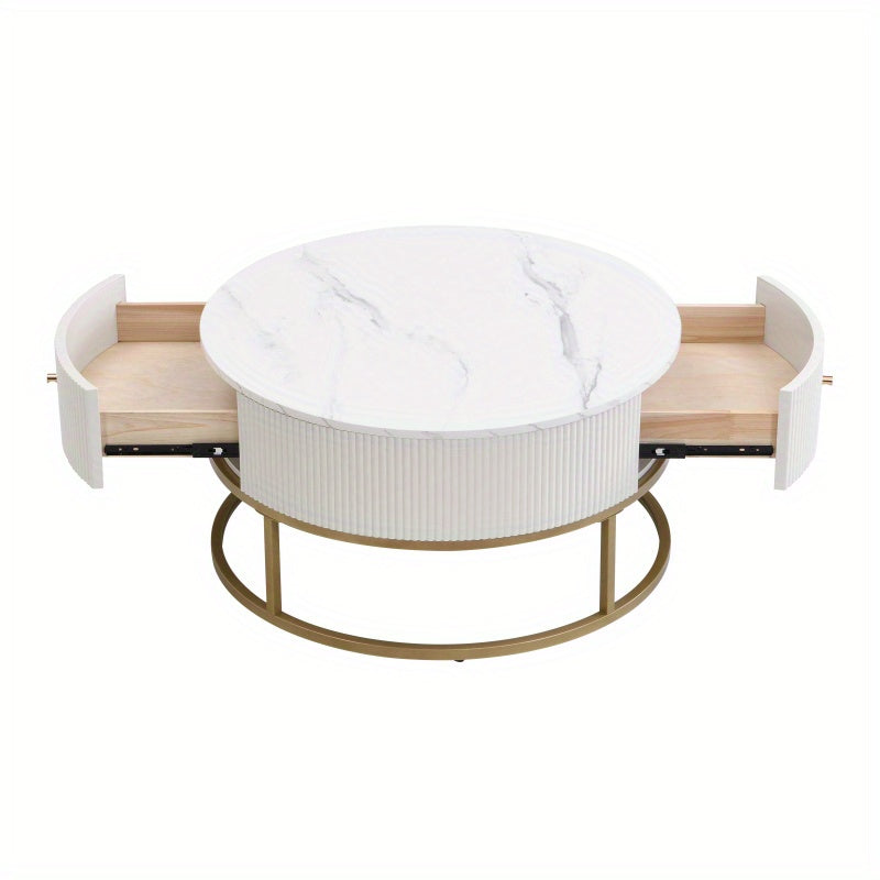31.5 Inch Modern Round Coffee Table with Drawers Faux MarbleTable with Storage Coffee Table for Living Room