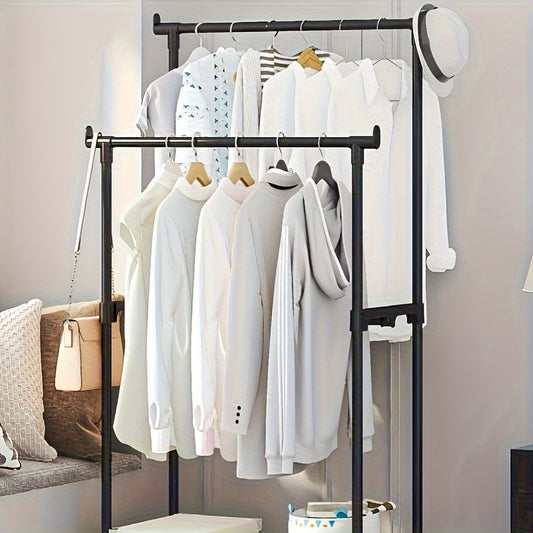 1pc Mobile Metal Wardrobe Storage Rack with Painted Finish - Freestanding Hanger, Space-Saving Clothes Organizer Suitable for Clothes, Shoes, and Hats - Available in Single or Double Rod Styles, White and Black Options