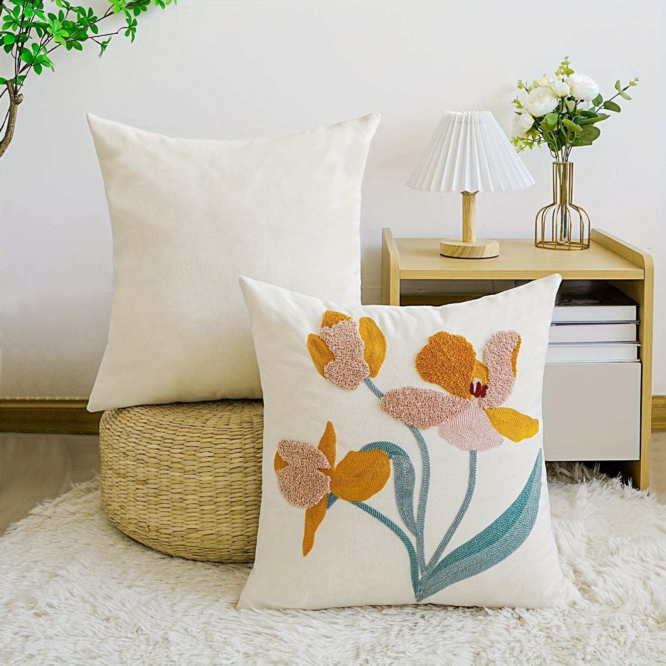 Contemporary Embroidered Throw Pillow Covers 17.7" x 17.7" - Floral Pattern, Zippered Cushion Cases, Machine Washable, Polyester, for Couch, Sofa, and Home Décor - 1 Piece