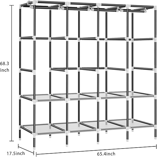 Wardrobe Closet，Black Portable Closet with Zippers，65.4Inches 19mm Diameter，Portable Closets for Hanging Clothes，with 4 booms and Storage cabinets，Spacious Large -Capacity Storage Space