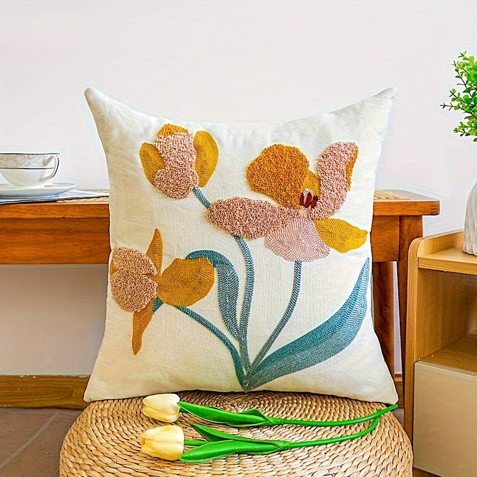 Contemporary Embroidered Throw Pillow Covers 17.7" x 17.7" - Floral Pattern, Zippered Cushion Cases, Machine Washable, Polyester, for Couch, Sofa, and Home Décor - 1 Piece