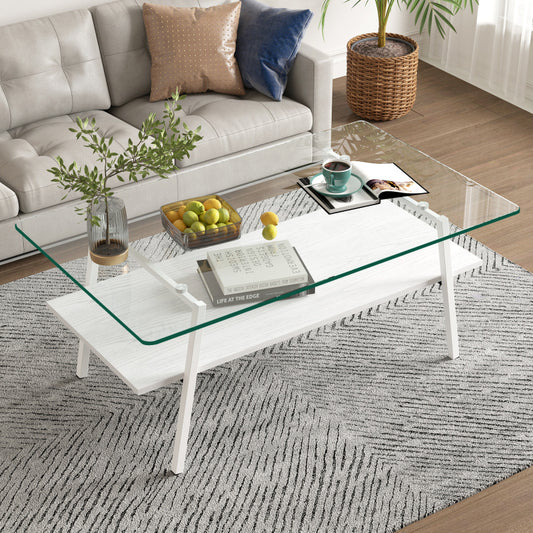 Rec Coffee Table Tempered Glass Tabletop with White Metal Legs Modern Table for Living Room Transparent GlassSuitable for restaurant furniture