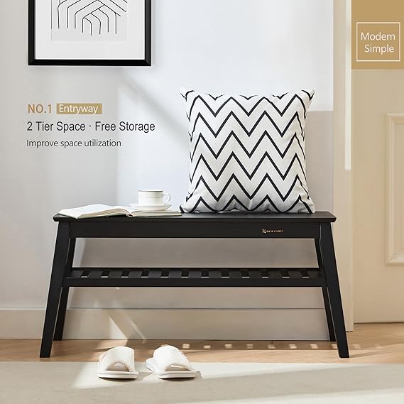 Bamboo Entryway Bench, 33.46" End of Bed Bench, 2 Tier Black Bench for Bedroom, Indoor Bench for Living Room, Dining Room, Hallway, Holds up to 300lbs
