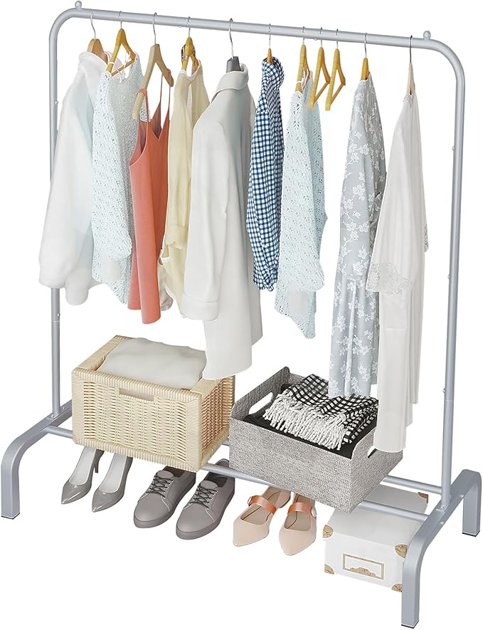 Metal Clothes Hanger, 43.3 Inch Clothes Hanger with Base Rack for Hanging Skirts, Shirts, Sweaters, White