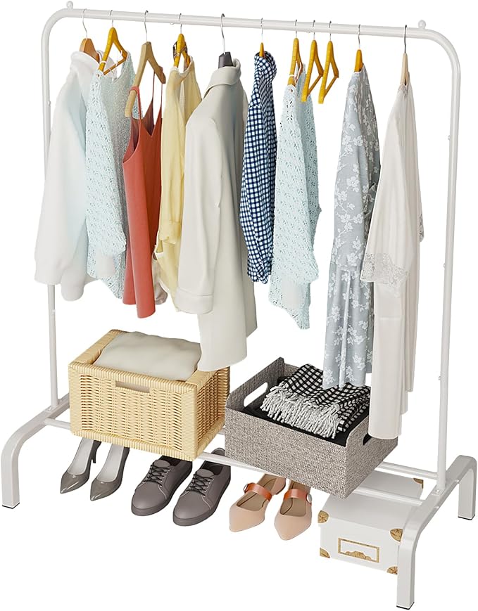 Metal Clothes Hanger, 43.3 Inch Clothes Hanger with Base Rack for Hanging Skirts, Shirts, Sweaters, White