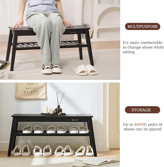 Bamboo Entryway Bench, 33.46" End of Bed Bench, 2 Tier Black Bench for Bedroom, Indoor Bench for Living Room, Dining Room, Hallway, Holds up to 300lbs