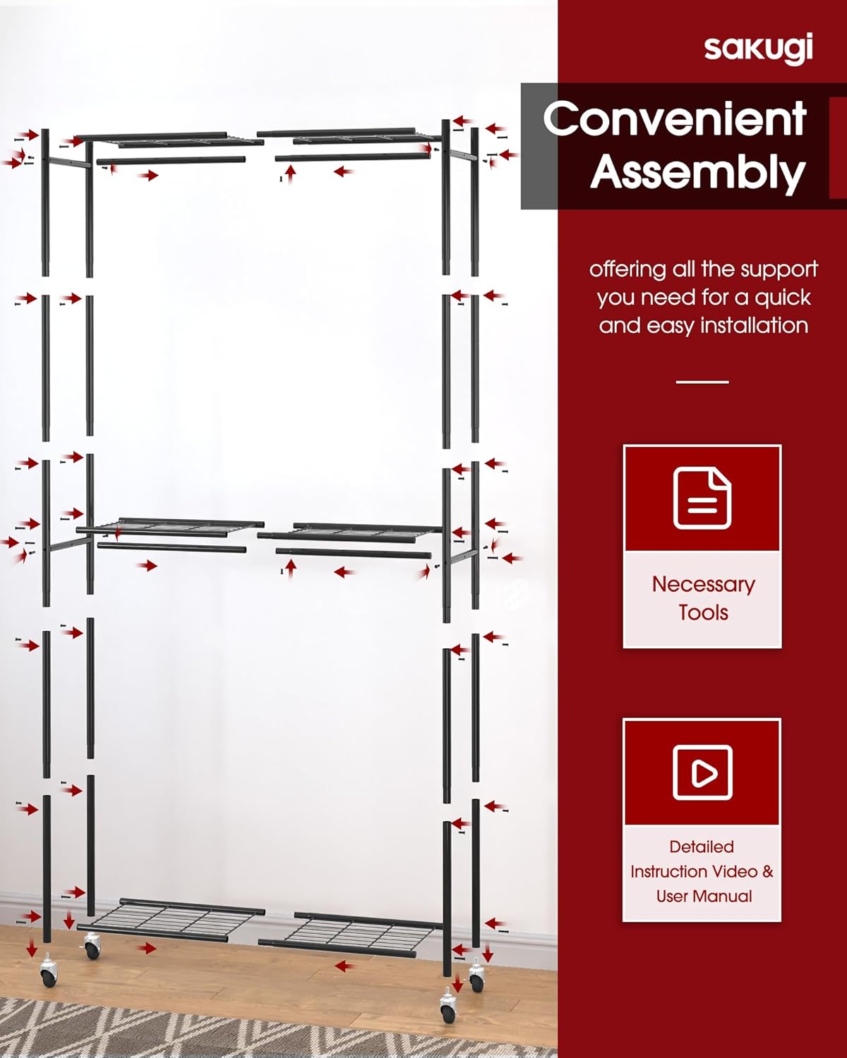 Heavy-Duty Clothes Rack - 33.0" x 12.2" x 74.2" Clothing Rack with Shelves & Wheels, Multi-Functional Wardrobe Closet with Hooks, Sturdy Metal Garment Rack for Bedroom, Laundry, Balcony