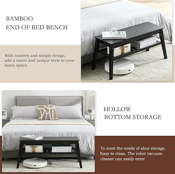Bamboo Entryway Bench, 33.46" End of Bed Bench, 2 Tier Black Bench for Bedroom, Indoor Bench for Living Room, Dining Room, Hallway, Holds up to 300lbs