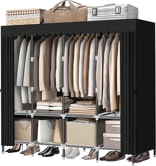 Wardrobe Closet，Black Portable Closet with Zippers，65.4Inches 19mm Diameter，Portable Closets for Hanging Clothes，with 4 booms and Storage cabinets，Spacious Large -Capacity Storage Space