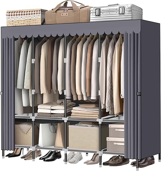 Wardrobe Closet，Black Portable Closet with Zippers，65.4Inches 19mm Diameter，Portable Closets for Hanging Clothes，with 4 booms and Storage cabinets，Spacious Large -Capacity Storage Space