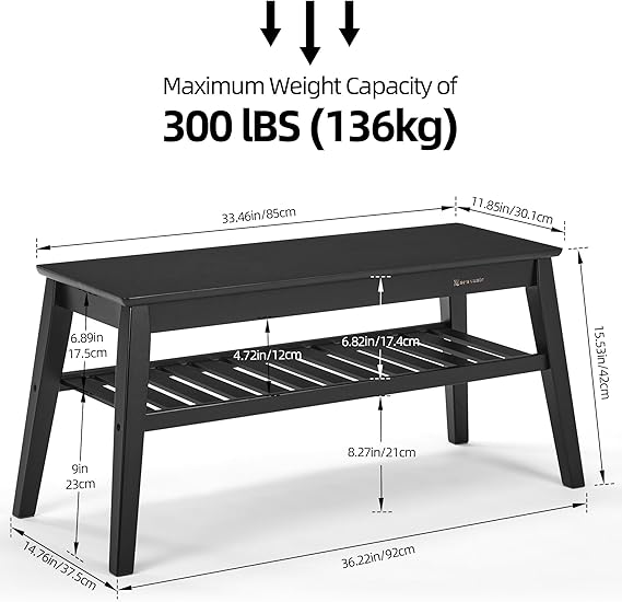 Bamboo Entryway Bench, 33.46" End of Bed Bench, 2 Tier Black Bench for Bedroom, Indoor Bench for Living Room, Dining Room, Hallway, Holds up to 300lbs