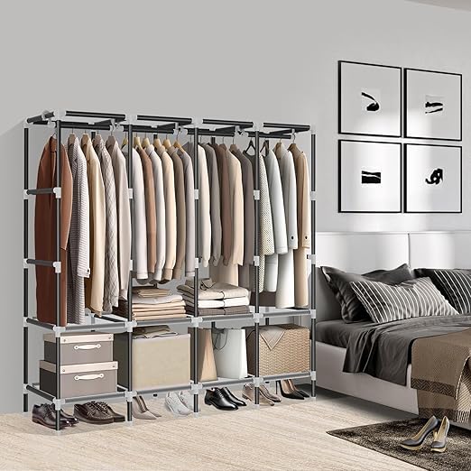 Wardrobe Closet，Black Portable Closet with Zippers，65.4Inches 19mm Diameter，Portable Closets for Hanging Clothes，with 4 booms and Storage cabinets，Spacious Large -Capacity Storage Space