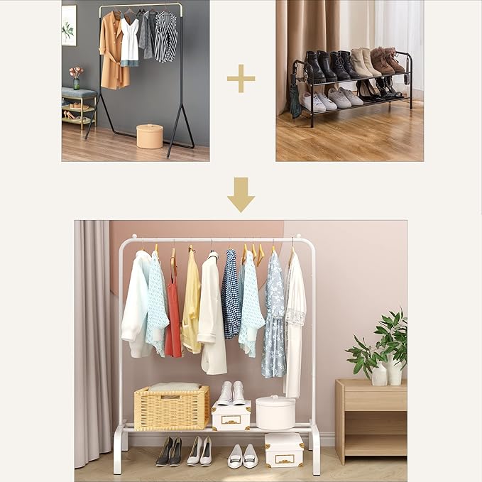 Metal Clothes Hanger, 43.3 Inch Clothes Hanger with Base Rack for Hanging Skirts, Shirts, Sweaters, White