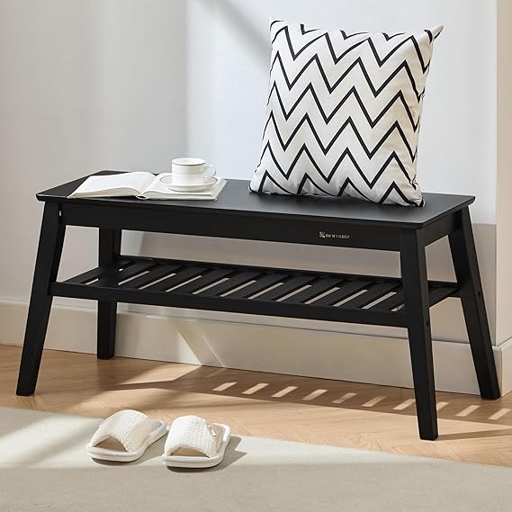 Bamboo Entryway Bench, 33.46" End of Bed Bench, 2 Tier Black Bench for Bedroom, Indoor Bench for Living Room, Dining Room, Hallway, Holds up to 300lbs