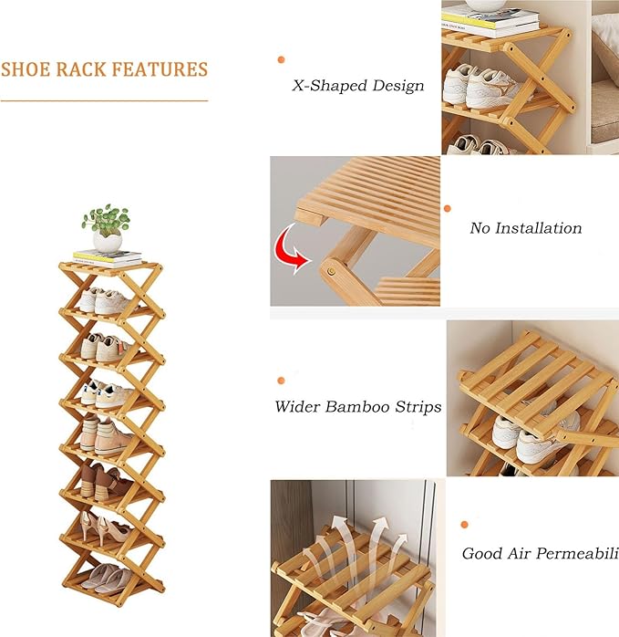 Shoe Rack for Front Door, Space Saving Wooden Shoe Organizer Entry Corner Folding Shoe Rack