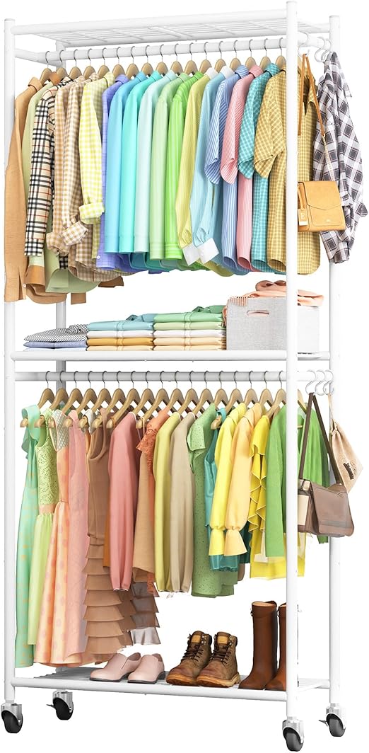 Heavy-Duty Clothes Rack - 33.0" x 12.2" x 74.2" Clothing Rack with Shelves & Wheels, Multi-Functional Wardrobe Closet with Hooks, Sturdy Metal Garment Rack for Bedroom, Laundry, Balcony