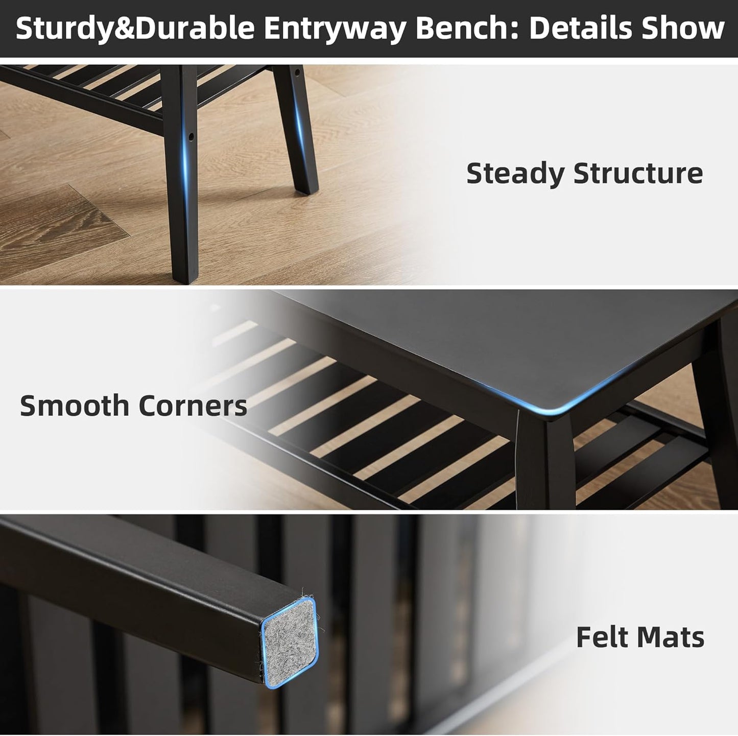 Bamboo Entryway Bench, 33.46" End of Bed Bench, 2 Tier Black Bench for Bedroom, Indoor Bench for Living Room, Dining Room, Hallway, Holds up to 300lbs