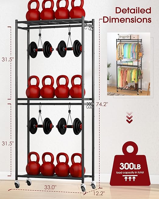Heavy-Duty Clothes Rack - 33.0" x 12.2" x 74.2" Clothing Rack with Shelves & Wheels, Multi-Functional Wardrobe Closet with Hooks, Sturdy Metal Garment Rack for Bedroom, Laundry, Balcony