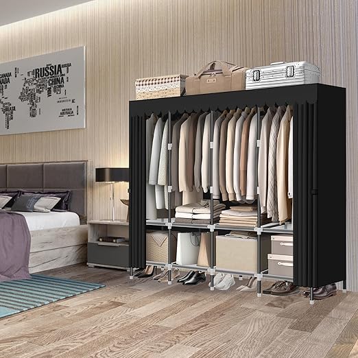 Wardrobe Closet，Black Portable Closet with Zippers，65.4Inches 19mm Diameter，Portable Closets for Hanging Clothes，with 4 booms and Storage cabinets，Spacious Large -Capacity Storage Space